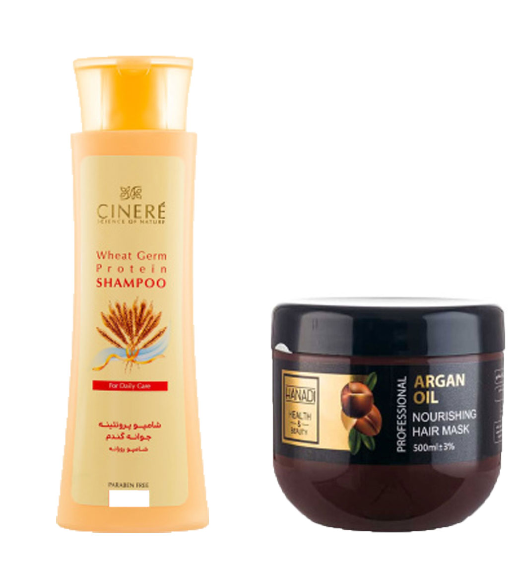 ماسک مو مغذی هانادی حاوی روغن آرگان حجم 500 میلی لیتر به همراه شامپو مو پروتئینه مدل جوانه گندم حجم 250 میلی لیتر