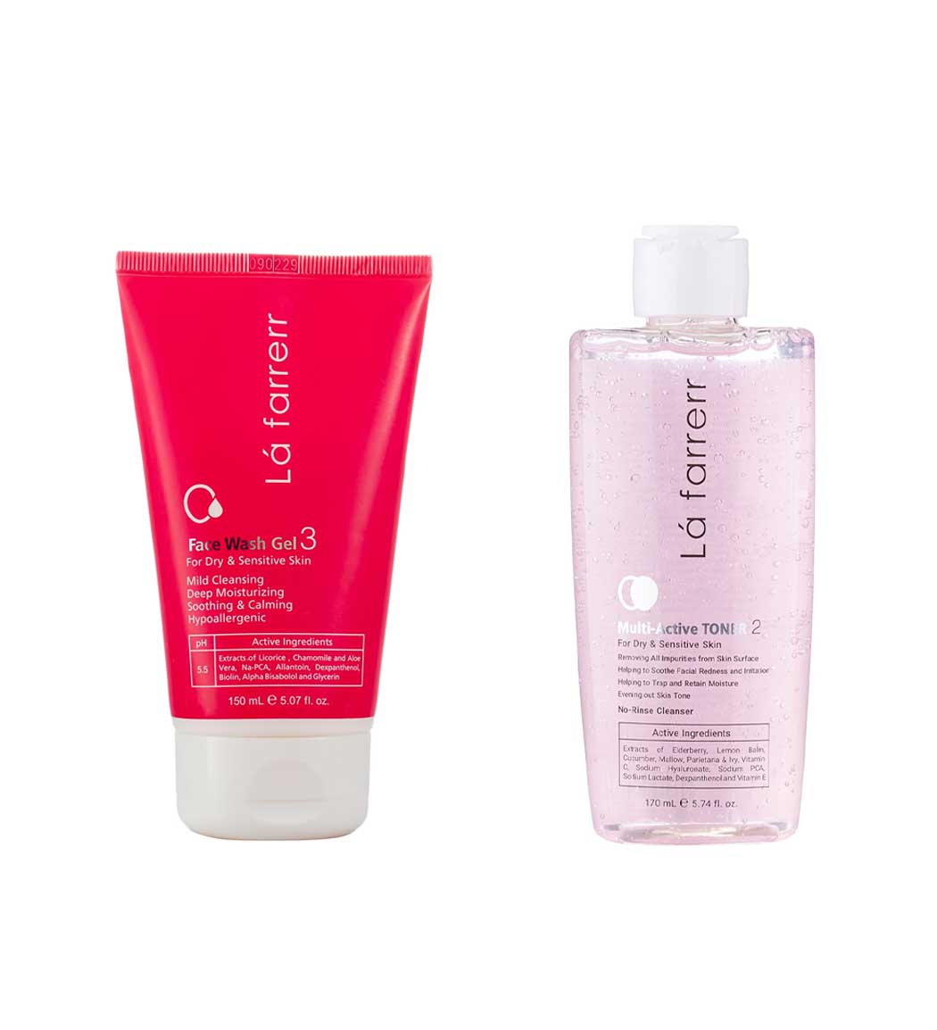 پک ژل شستشوی صورت پوست خشک و حساس و تونر مولتی اکتیو 2 پوست خشک و حساس