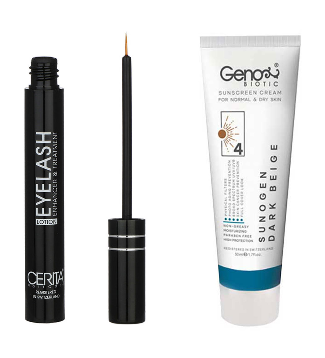 پک محلول تقویت کننده مژه سریتا و ضد آفتاب رنگی مناسب پوست خشک SPF50 رنگ بژ تیره