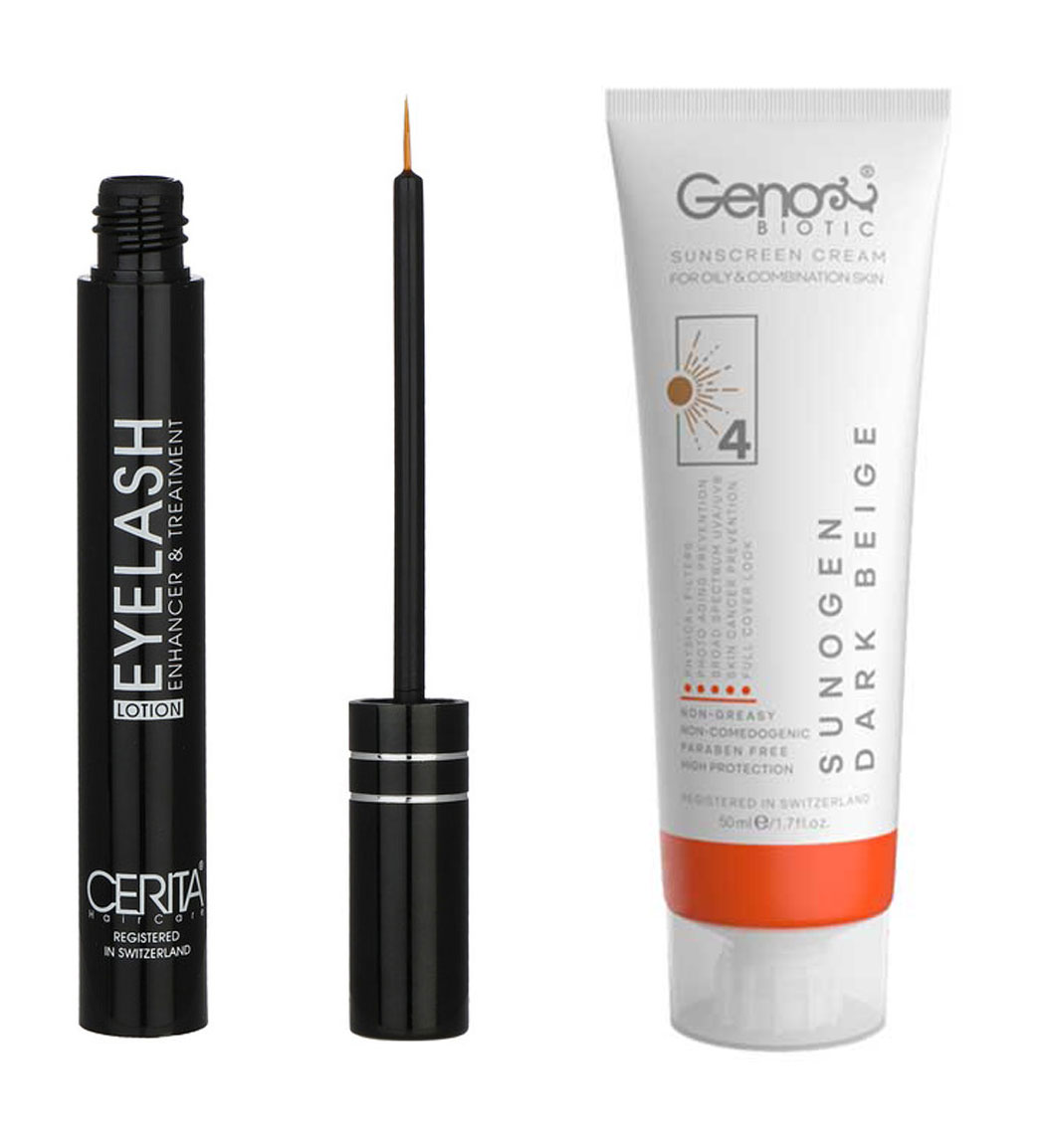 پک محلول تقویت کننده مژه سریتا و ضد آفتاب رنگی مناسب پوست چرب و مختلط SPF50 رنگ بژ تیره