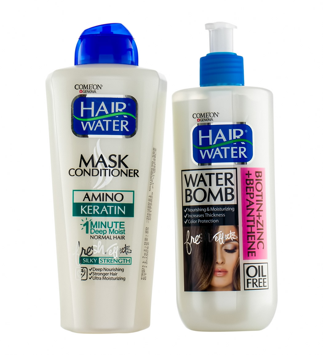 پک واتربمب مو حاوی بیوتن، زینک و بپنتن هیرواتر 400میل  به همراه ماسک و نرم کننده مو هیرواتر کراتینه 400میل